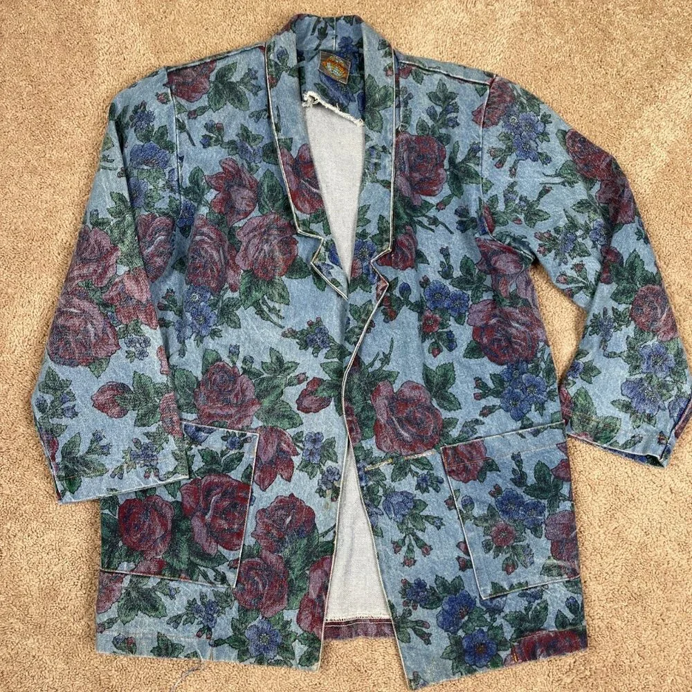 JOUJOU Blazer Womens S Blue Denim Floral Vintage 80s Oversized Boxy Long Jacket - Picture 6 of 13